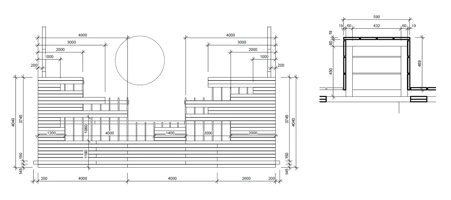 Technical drawings of the multi-level wooden deck