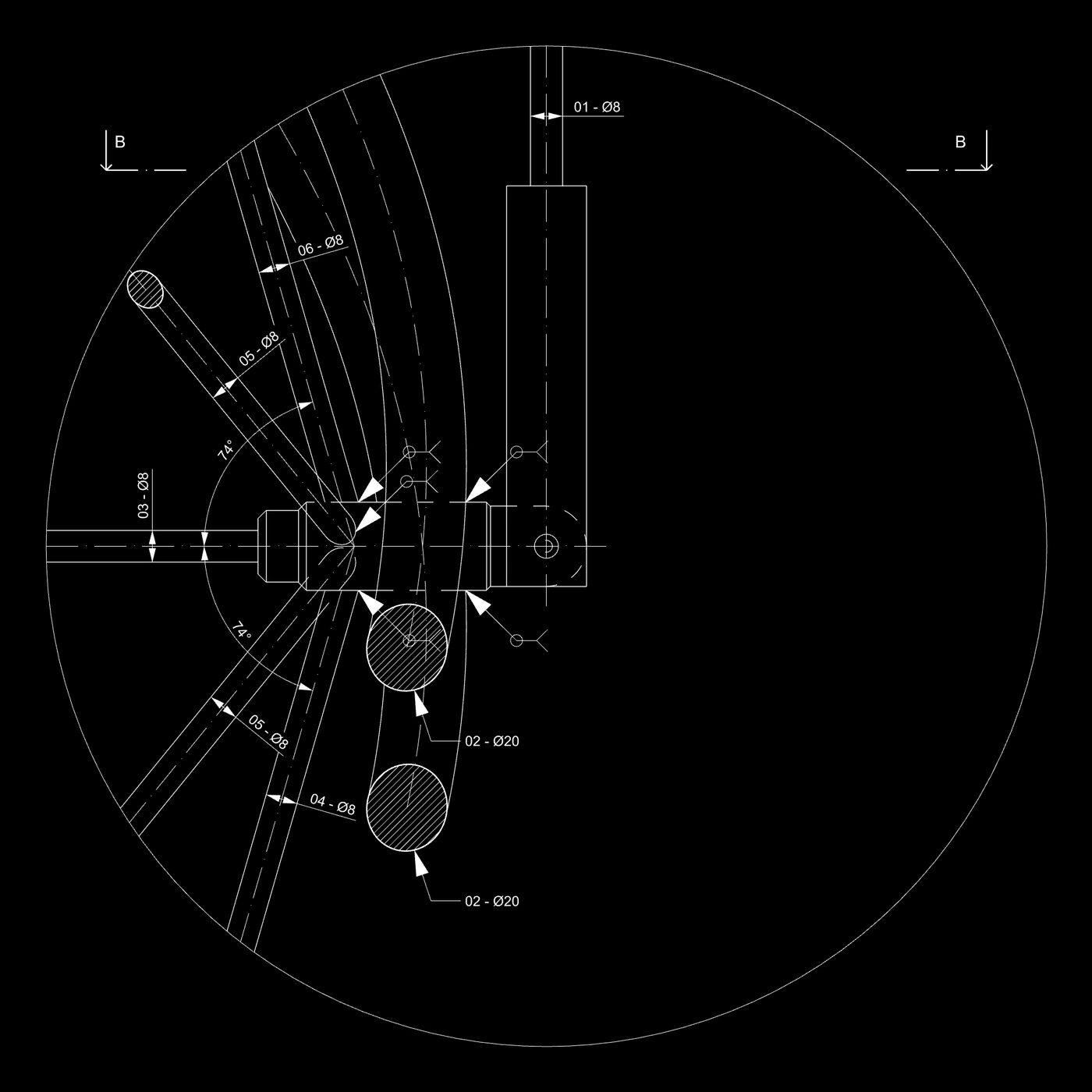 Circular detail drawing, section A-A through a balustrade node, with thin rods arriving at 74 degrees onto the paired hoop rails and a machined fitting at the junction