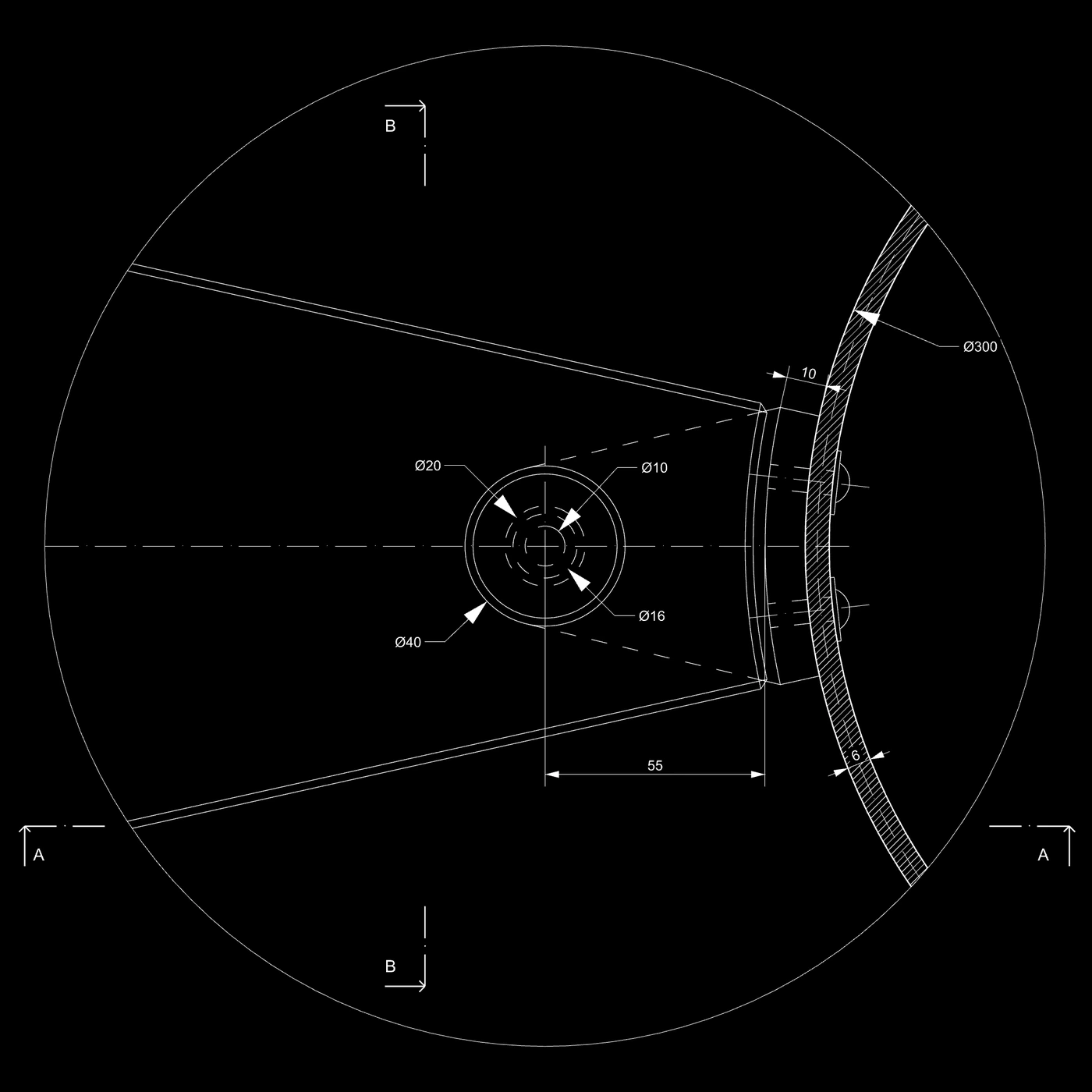 Circular detail drawing, section C-C showing the tread bracket meeting the hatched wall of the 300 millimetre newel tube through a concentric collar